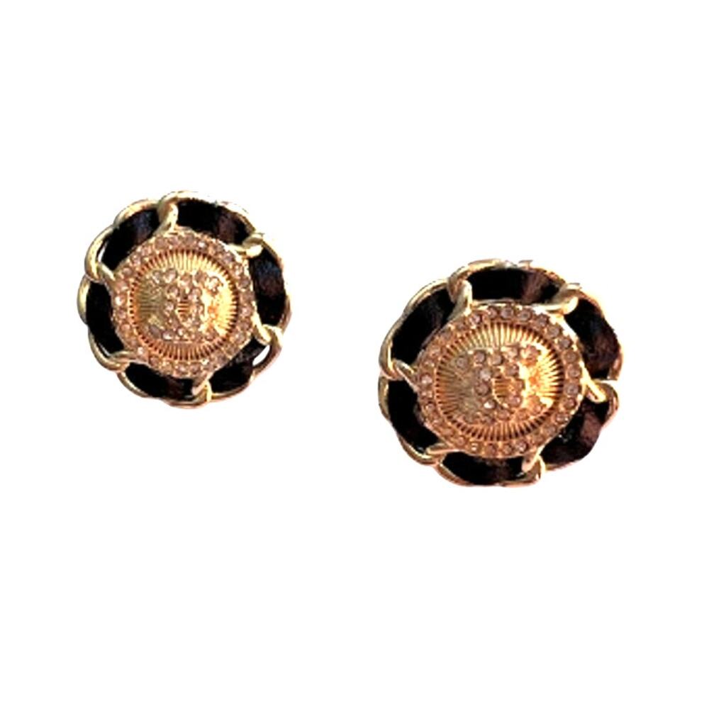 CHANEL Circle Stud and Black Lambskin Leather Earrings 21A (CHXX025)
